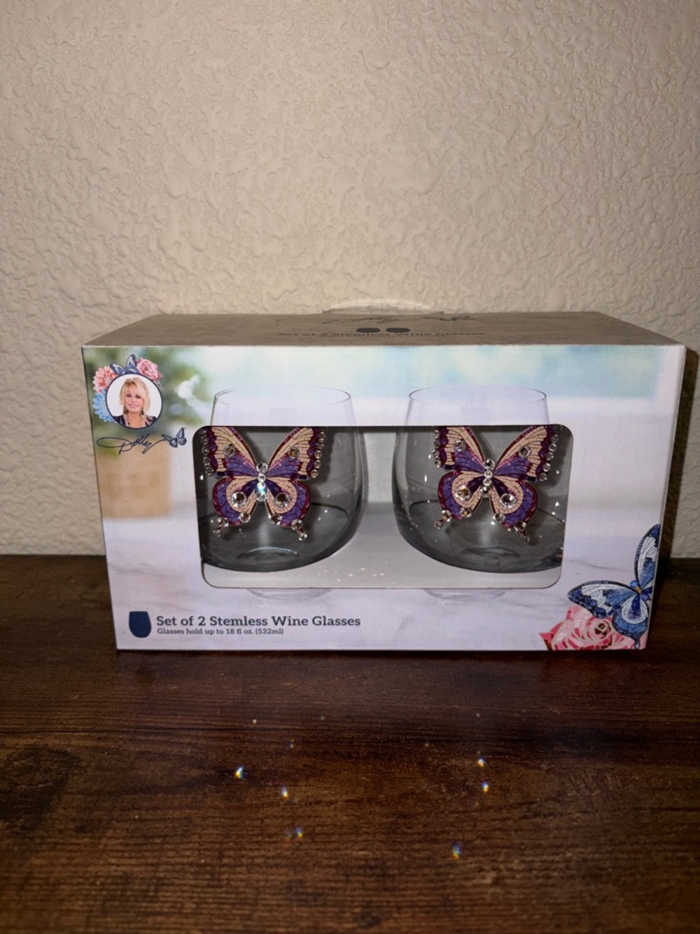Dolly Parton Butterfly Stemless Wine Glass Set 2 18oz Rhinestone